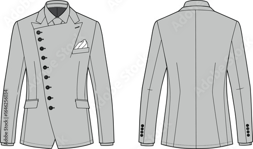 Men’s blazer technical drawing, asymmetrical button closure, tailored fit, front and back view, fashion sketch, modern suit design