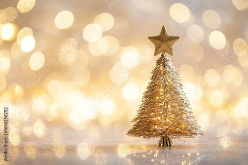 Decorative Christmas Tree With Golden Star and Lights Against Warm Bokeh Back...