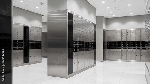 Interior of a Room Full of Safe Deposit Boxes in Silver and Black Colors Offering Secure Storage and Protection of Valuables in Hallway Setting