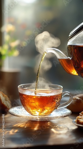 Warm Tea Being Poured Into a Cup With Steam Rising in a Cozy Setting During D...