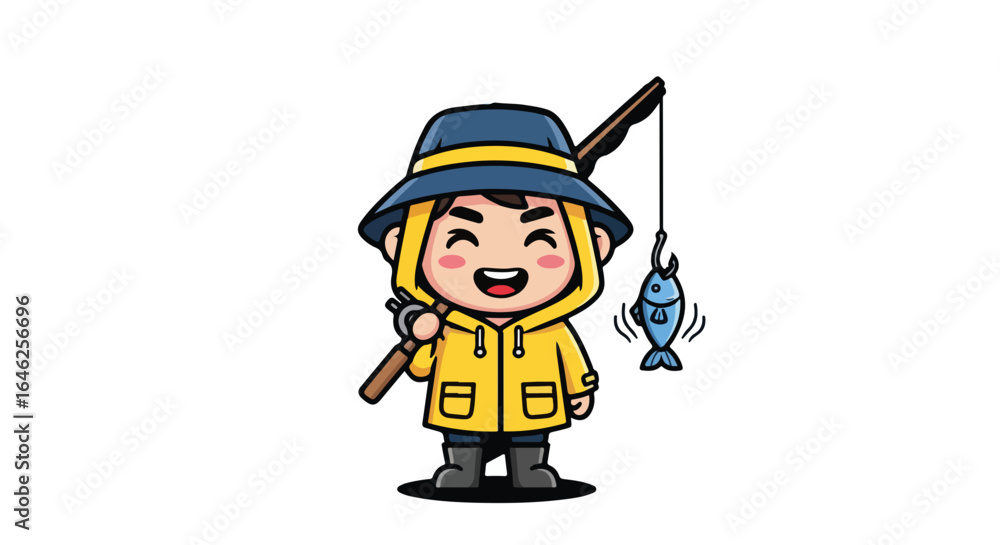 Fototapeta premium Happy Fisherman VECTOR Illustration - Cute Kid with Catch