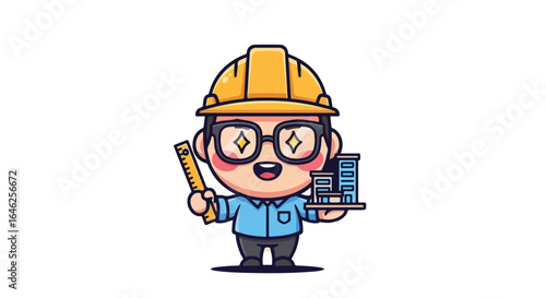 Charming Cartoon VECTOR Architect Holding Blueprint and Model Buildings