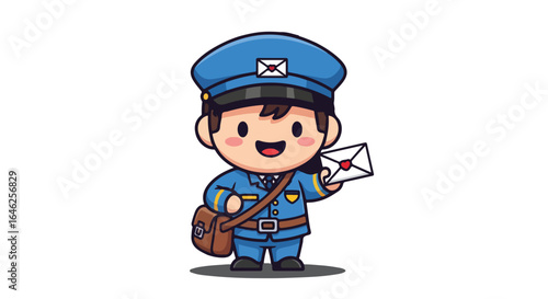 Cute postman cartoon character holding a love letter, Tukang Pos mail carrier concept vector illustration.