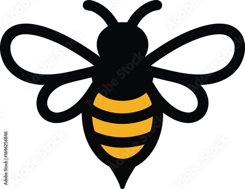 Simple black and yellow cartoon bee illustration on a white background buzzing with energy ready for designs and graphics