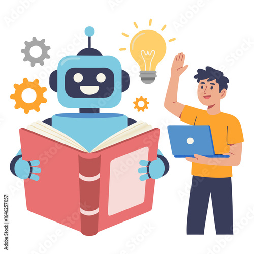 Vector art of cute robot reading a book with a person holding a laptop, symbolizing ai learning and education, isolated on white background