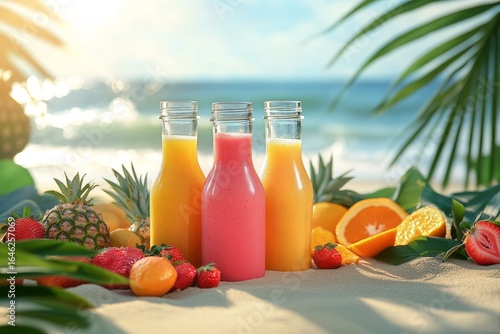 Colorful Fresh Fruit Juices on Sandy Beach With Palm Leaves and Ocean in the ...
