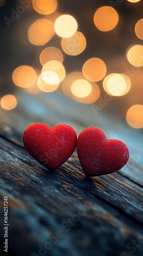 Two Red Hearts on Rustic Wood Background With Warm Bokeh Lights in Soft Focus...
