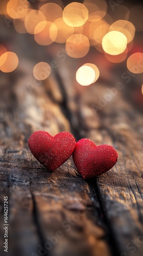Two Red Hearts on Rustic Wood Background With Warm Bokeh Lights in Soft Focus...