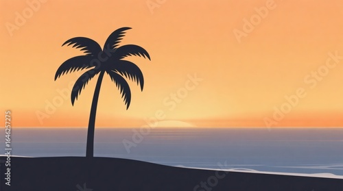  Warm Sunset Horizon with Single Palm Silhouette in Vector Style
