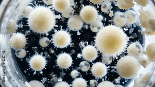 Detailed view of milk fat globules suspended in a transparent container, emphasizing their unique structures and arrangements.