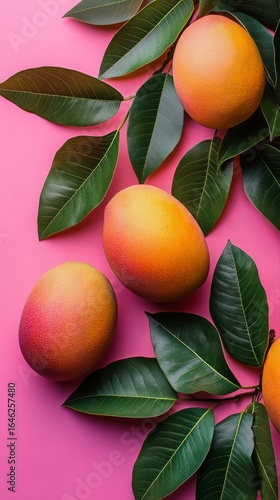 Fresh Mangoes With Green Leaves Arranged on a Bright Pink Background for a Vi...