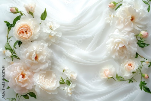 Elegant Arrangement of Soft Roses and Delicate Fabric on a Light Background f...