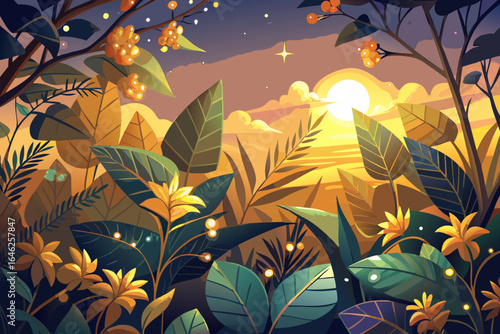 vector of The evening light that slowly shines on the leaves and flowers and makes everything golden.