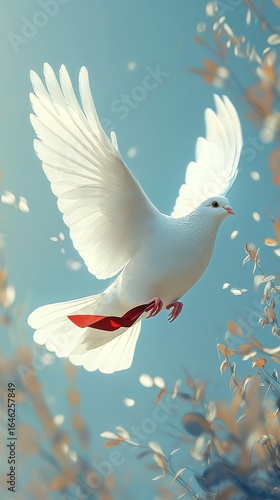 White Dove Soaring Gracefully Amidst Delicate Foliage in Bright Sunlight