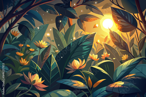 vector of The evening light that slowly shines on the leaves and flowers and makes everything golden.