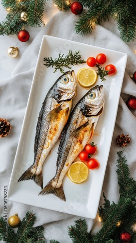 Deliciously Prepared Fish Dish With Fresh Ingredients and Festive Decorations...