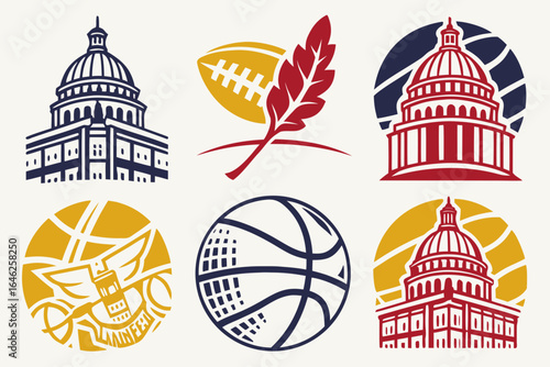 Vector art of illustration set of sport and architecture icons isolated on white background