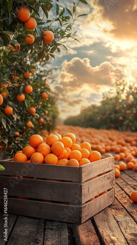 Fresh Oranges Harvested From Vibrant Orchard at Sunset in a Tranquil Landscap...