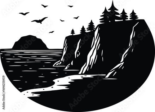Coastal Cliffs At Sunset Silhouette | Sunset Ocean Cliff Scene Silhouette