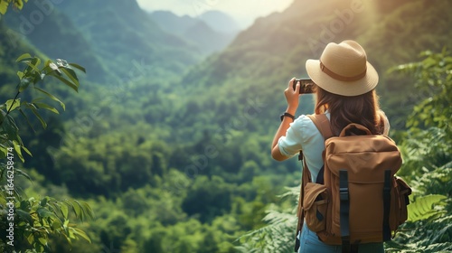 Hiking Enthusiast Capturing Sunset View in Lush Green Forest Landscape.