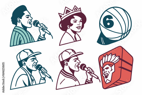 Vector art of vintage style singer, queen, and basketball isolated on white background