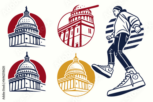 Vector art of capitol building and a person with big shoes isolated on white background