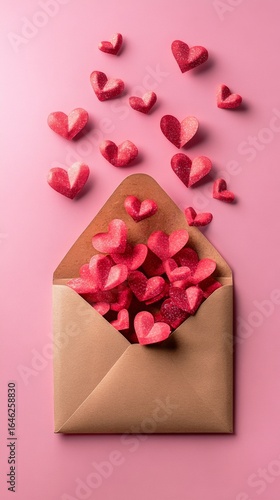 Colorful Paper Hearts Spilling From a Pink Envelope on a Pastel Background.