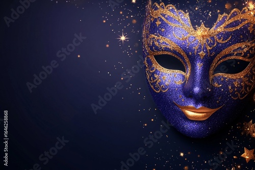 Glittering Purple and Gold Masquerade Mask With Stars on Dark Backdrop.