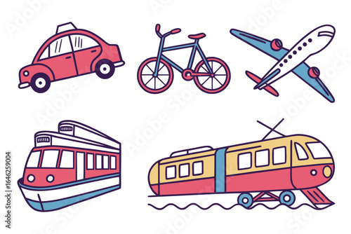 Vector art of cartoon illustration of various modes of transportation isolated on white background