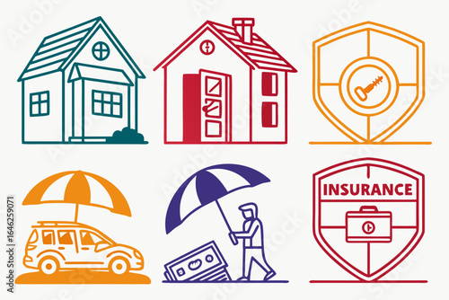 Vector art of insurance policy and protection of house, home and car with umbrella icon