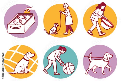 Vector art of collection of dog care icons featuring grooming, walking, and playing