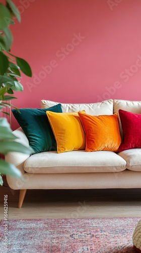 Cozy Living Room With Colorful Cushions and Vibrant Wall Design in Bright Day...