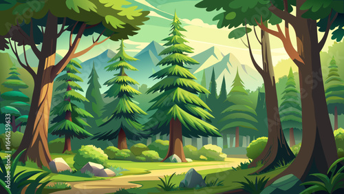 A variety of evergreen trees rise proudly in a lush green forest landscape, their dense canopies sheltering mossy ground, creating a serene, timeless beauty in semi-realistic natural splendor.