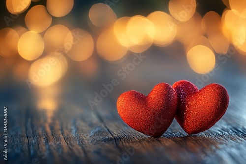 Two Felt Hearts With Tiny Red Hearts and Soft Glowing Lights Create a Romanti...