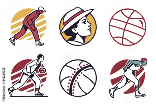 Vector art of collection of vintage bowling and basketball icons isolated on white background