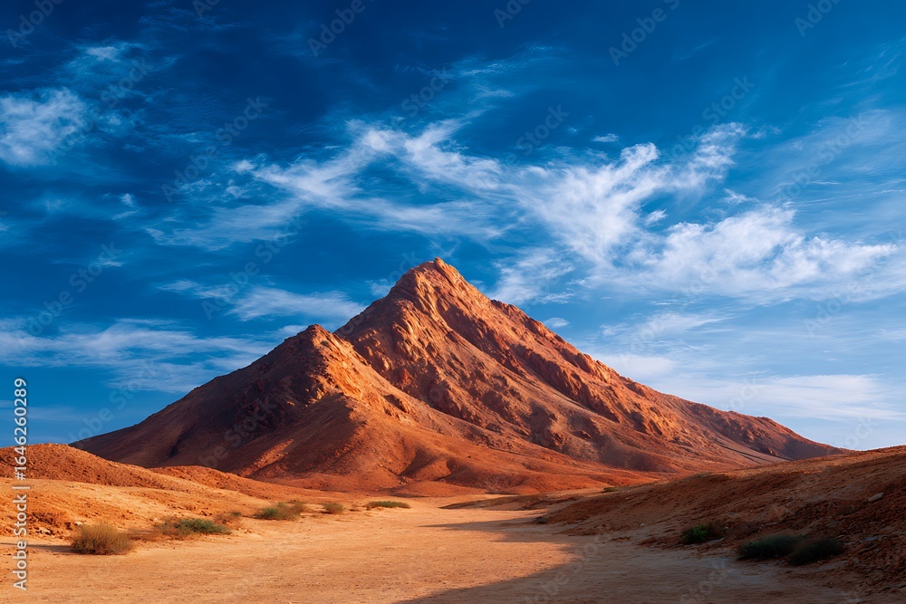 Fototapeta premium A majestic mountain rises against a vibrant blue sky dotted with fluffy clouds above