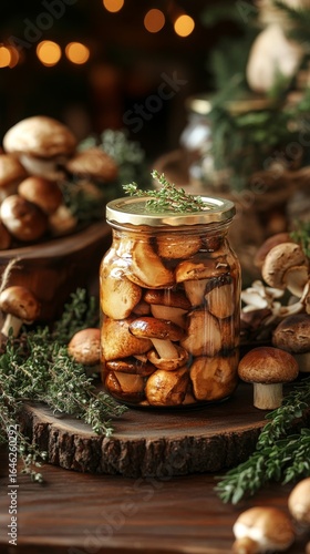 Preserved Mushrooms in Jars With Herbs and Spices on Wooden Board in Cozy Kit...