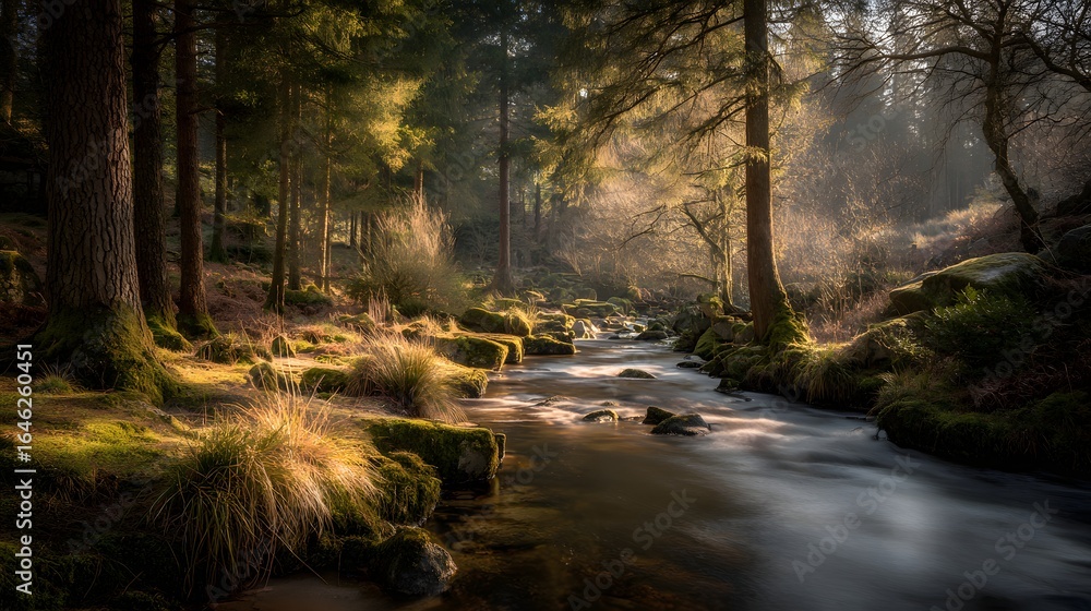 Obraz premium Sunlight streams through a tranquil forest stream.