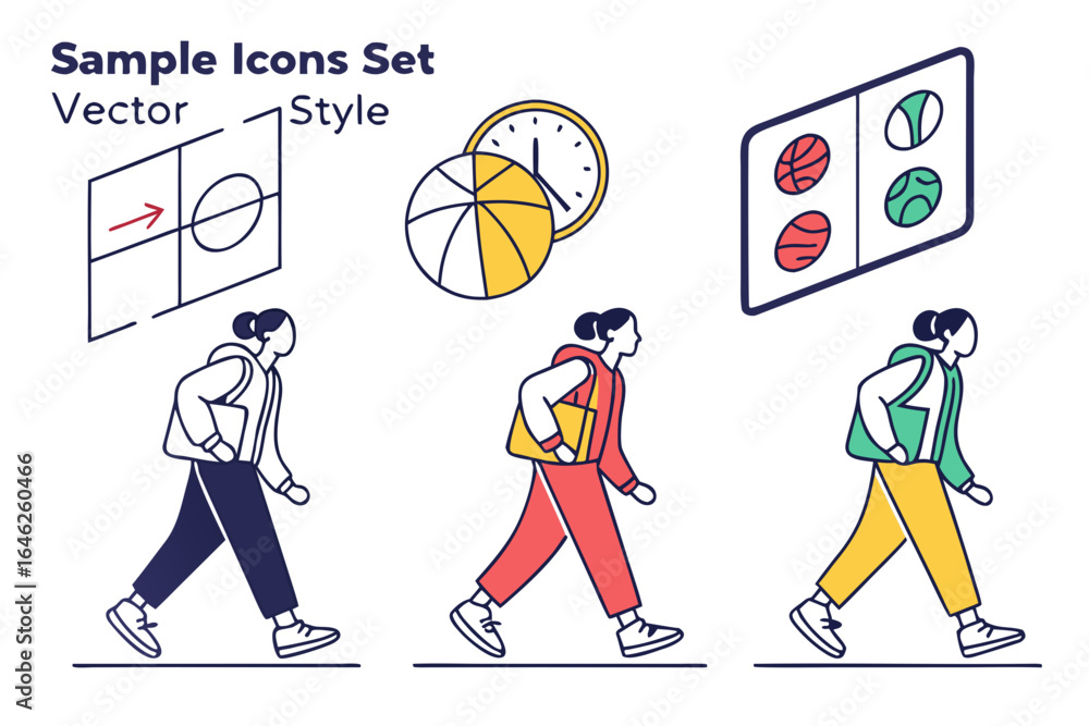 Fototapeta premium Vector art of vector style icons set of woman walking isolated on white background