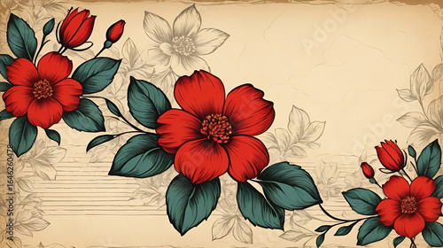 vintage floral background with red flowers on old paper