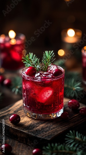 Festive Holiday Drinks With Cranberries and Ice on Wooden Table Adorned With ...