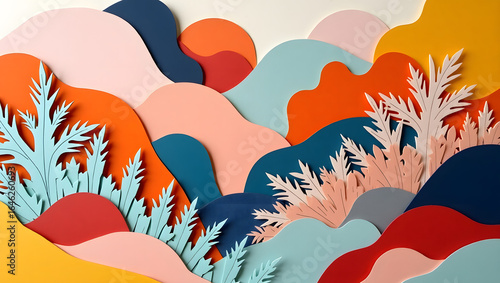 Collage-style cut paper abstract in mixed colors.
