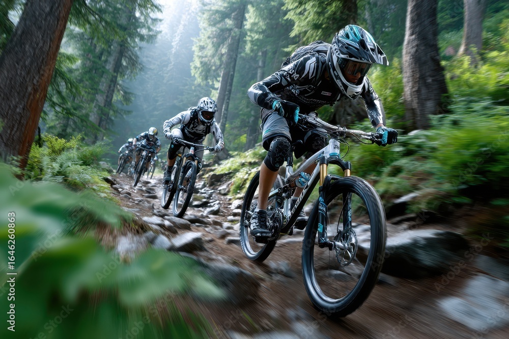 Fototapeta premium Mountain bikers navigate a rugged trail through a misty forest in the morning light