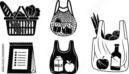 Eco-friendly grocery bag icons, reusable shopping bags and market basket set, black and white grocery store vector elements for retail