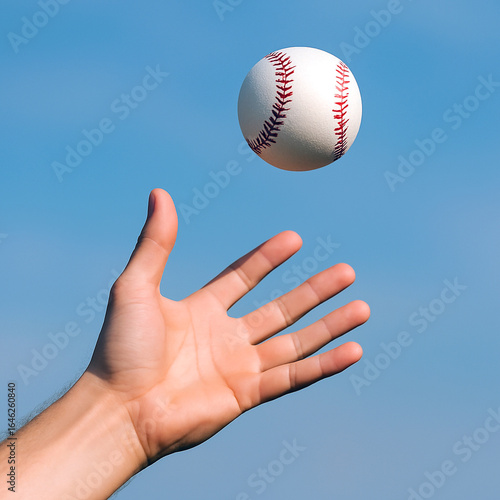 Hand Tossing a Baseball into the Air Against a Clear Blue Summer Sky, Capturing Motion, Simplicity, and the Spirit of American Sports