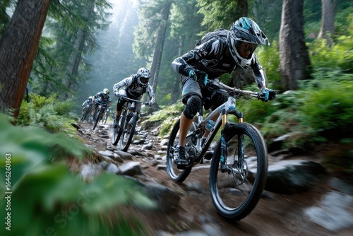 Mountain bikers navigate a rugged trail through a misty forest in the morning light