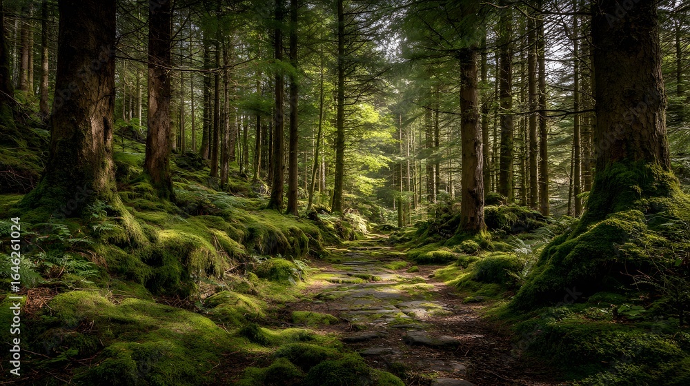 Fototapeta premium Moss-covered path through a sunlit forest.