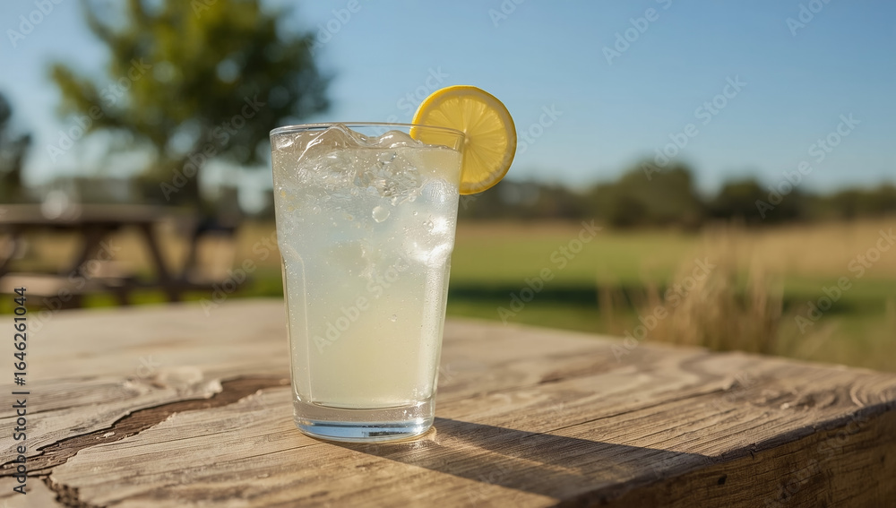 Cold Glass of Sparkling Lemonade with a Lemon Slice and Ice Cubes on a Rustic Outdoor Table Cold Glass of Sparkling Lemonade with a Lemon Slice and Ice Cubes on a Rustic Outdoor Table