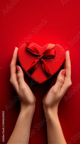 Heart Shaped Gift Box Held by Hands on Vibrant Red Background for Special Occ...