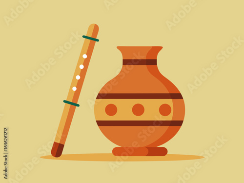 Minimalist Clay Pot and Flute Illustration for Janmashtami